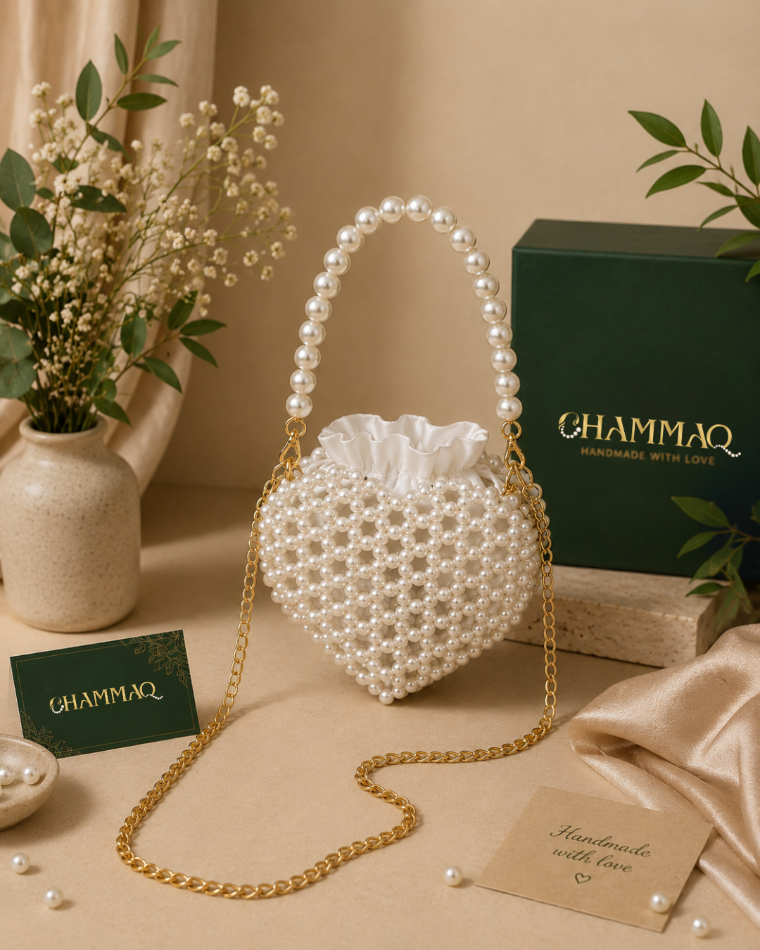 Heart-Shaped Pearl Beaded Sling Bag | Elegant Handmade by CHAMMAQ