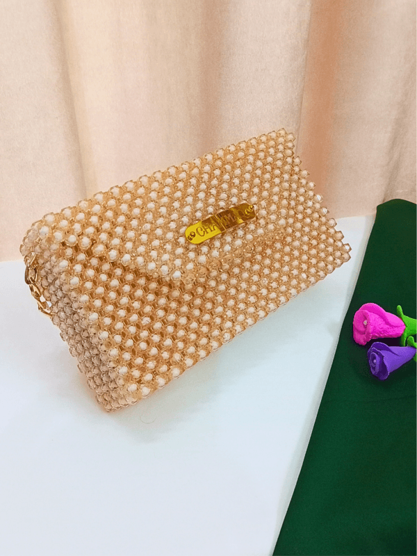 Tiny Tinge – Handheld Sling Bag in Beige Beads | Trendy Square Beaded Bag by CHAMMAQ - Image 2