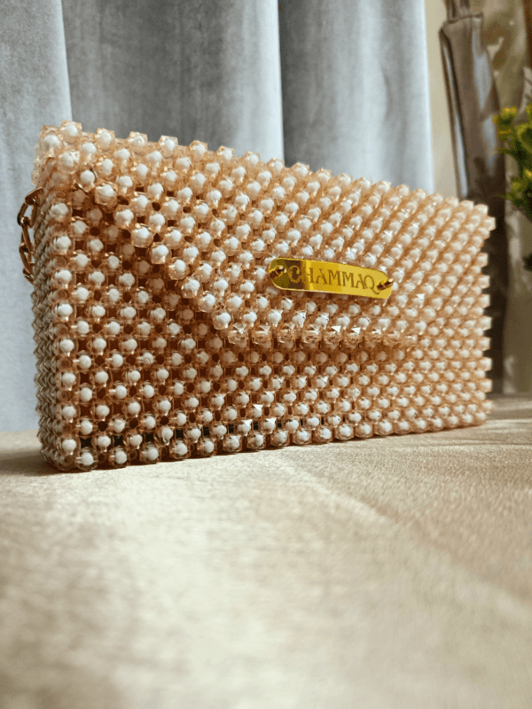 Tiny Tinge – Handheld Sling Bag in Beige Beads | Trendy Square Beaded Bag by CHAMMAQ - Image 3