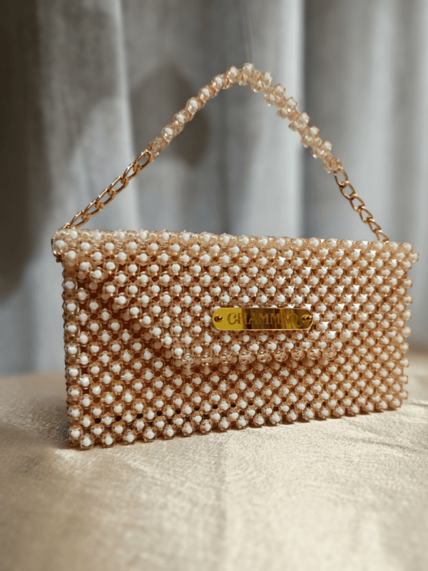 Tiny Tinge – Handheld Sling Bag in Beige Beads | Trendy Square Beaded Bag by CHAMMAQ - Image 7