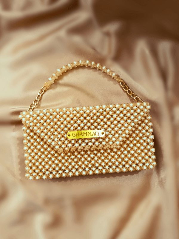 Tiny Tinge – Handheld Sling Bag in Beige Beads | Trendy Square Beaded Bag by CHAMMAQ - Image 6