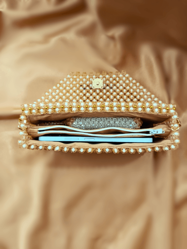 Tiny Tinge – Handheld Sling Bag in Beige Beads | Trendy Square Beaded Bag by CHAMMAQ - Image 5