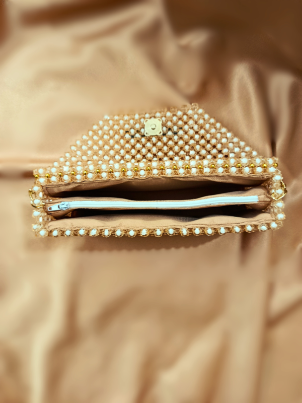 Tiny Tinge – Handheld Sling Bag in Beige Beads | Trendy Square Beaded Bag by CHAMMAQ - Image 4