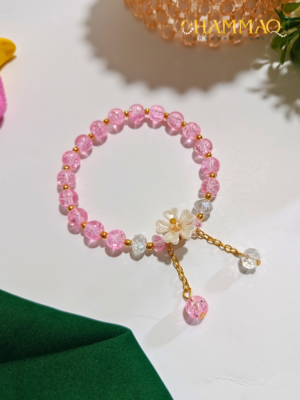 Pink Crack Bead Stretchy Bracelet – Floral Charm Teen Bracelet by CHAMMAQ