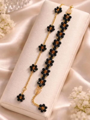 Black Crystal Floral Beaded Bracelet Set | 2 in 1 Black Bracelet Set by CHAMMAQ