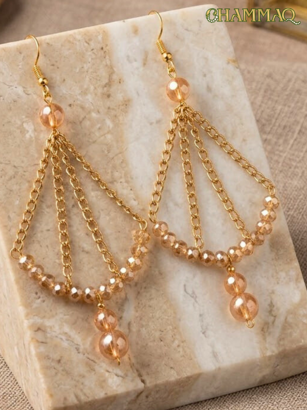 Rose Gold Chandelier Earrings | Handcrafted Beaded Jhankaar Drops - Image 2