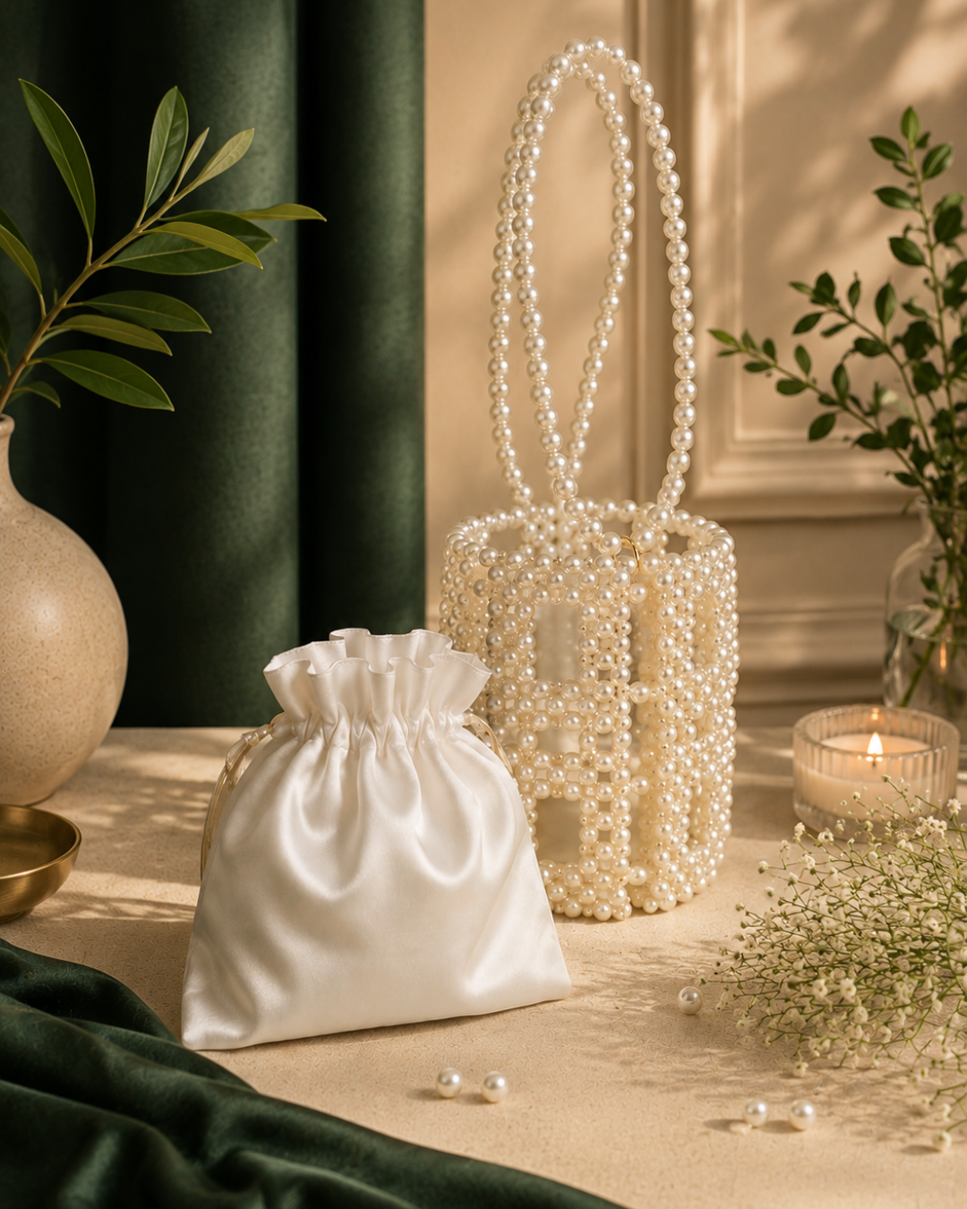 Beaded Pearl Bucket Bag by CHAMMAQ – Ivory Gleam Luxury - Image 3
