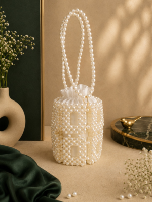 Beaded Pearl Bucket Bag by CHAMMAQ – Ivory Gleam Luxury