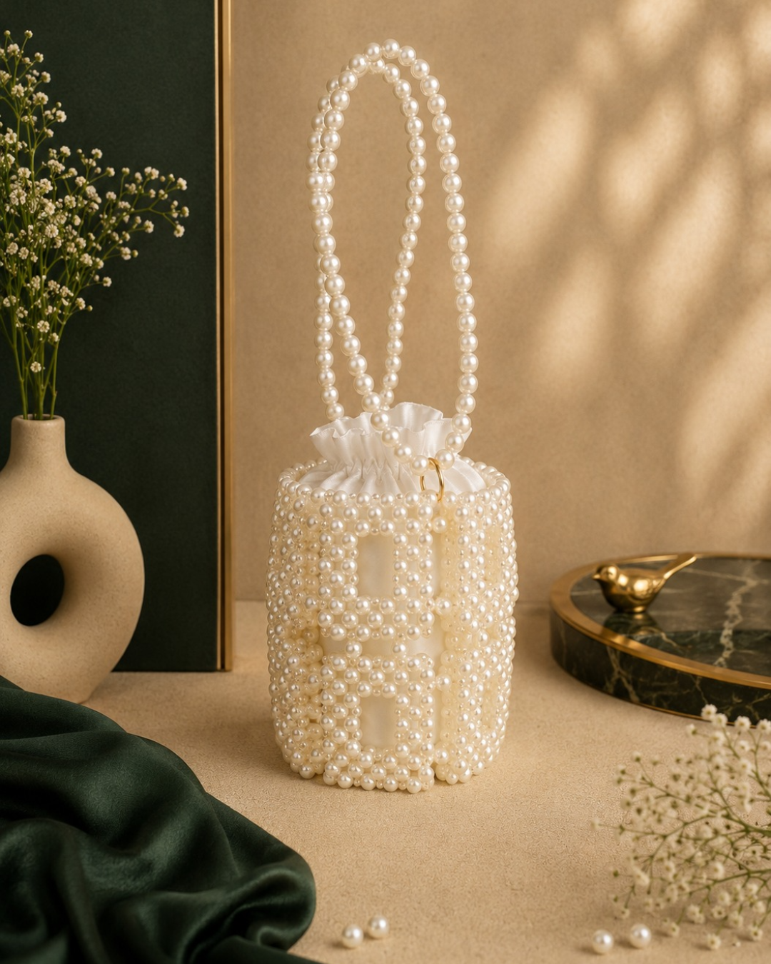 Beaded Pearl Bucket Bag by CHAMMAQ – Ivory Gleam Luxury - Image 2