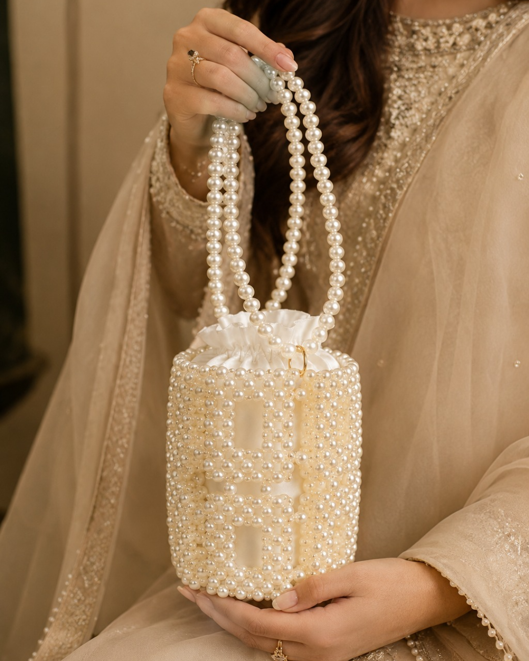 Beaded Pearl Bucket Bag by CHAMMAQ – Ivory Gleam Luxury - Image 4