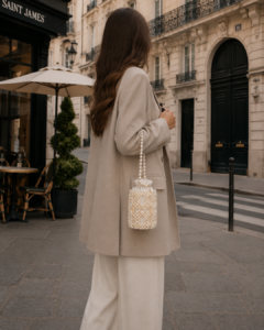 Pearl bag in ivory, beaded bucket shape by CHAMMAQ