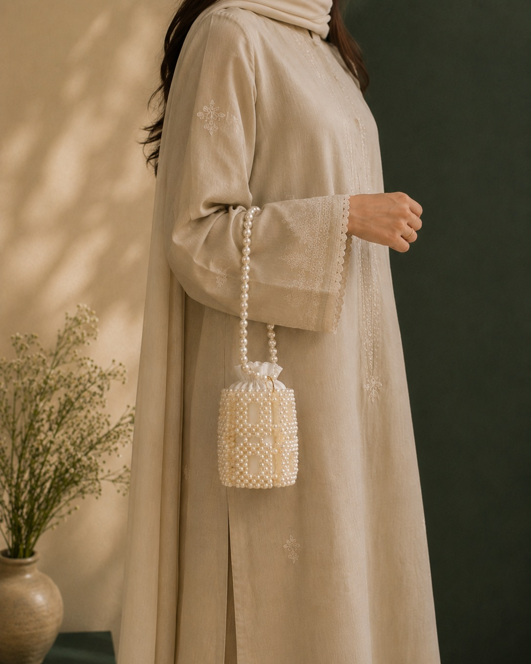 Beaded Pearl Bucket Bag by CHAMMAQ – Ivory Gleam Luxury - Image 5