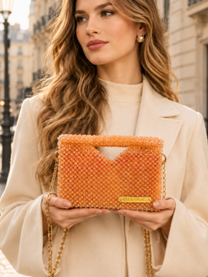 Beaded Top-Handle Clutch by CHAMMAQ – Peach Radiance Luxury