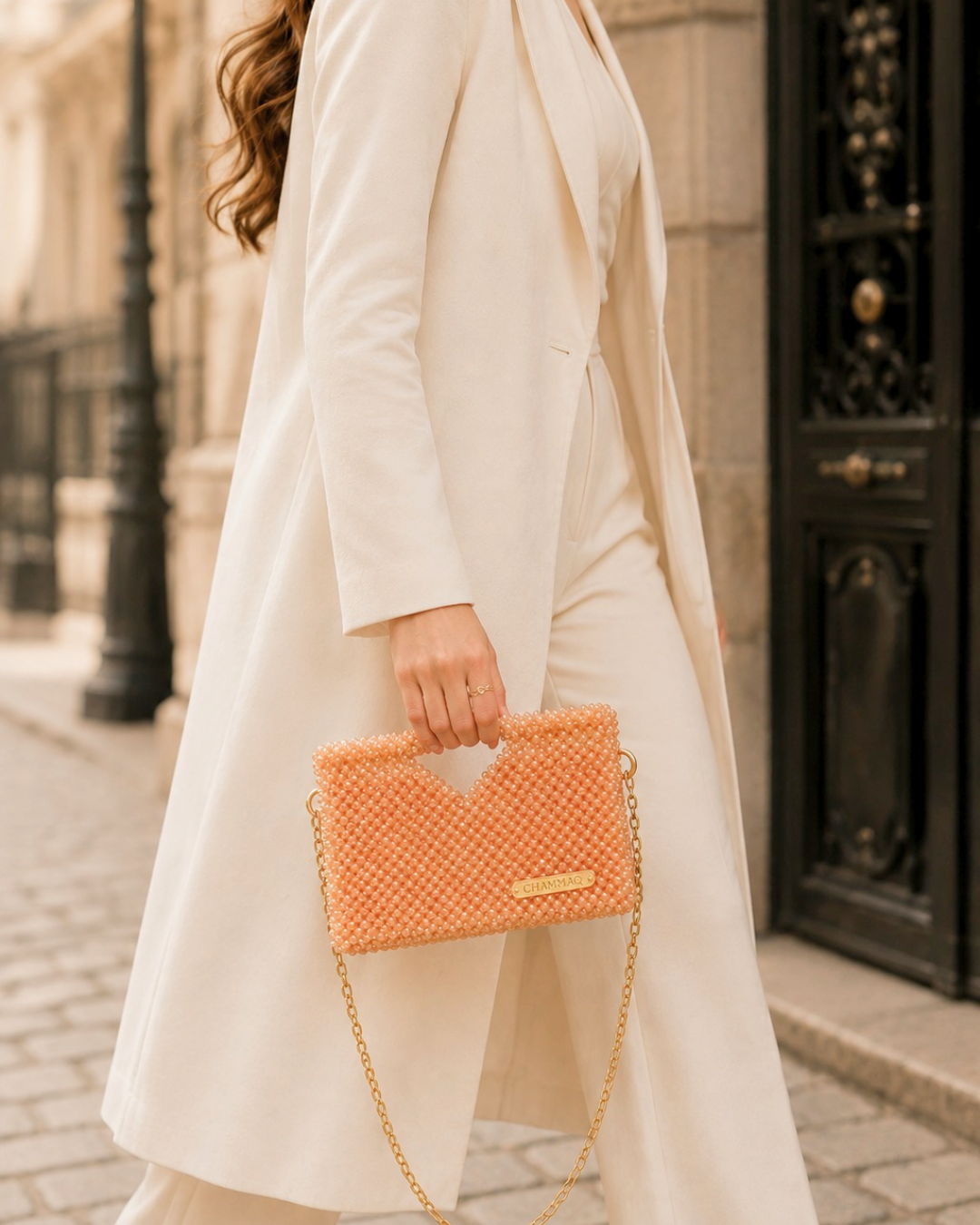Beaded Top-Handle Clutch by CHAMMAQ – Peach Radiance Luxury