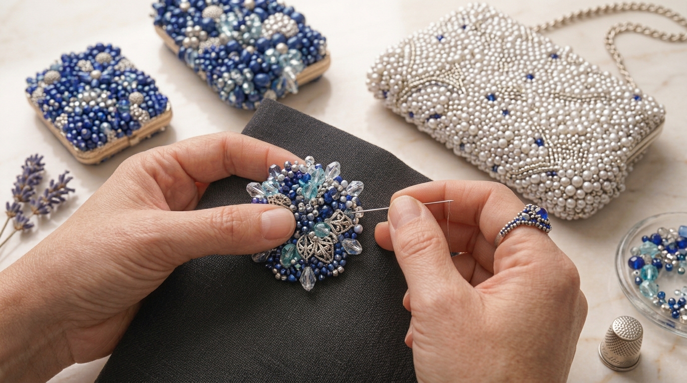 Handmade vs Factory Made Beaded Bags:Close-up of hand-beading technique on a handmade beaded bag