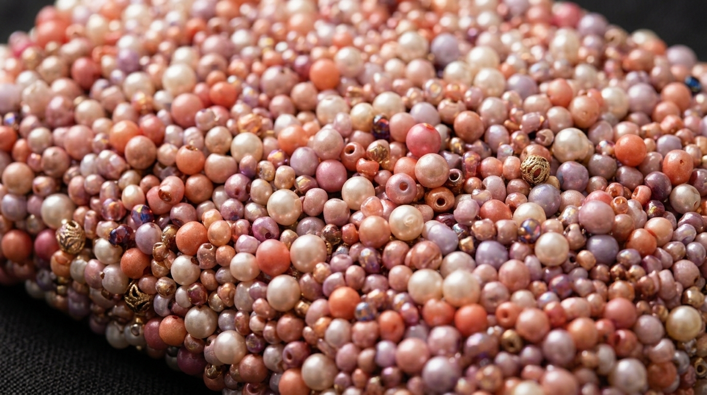 Types of beads used in handcrafted bags: Close-up of a handcrafted beaded bag showing rows of glass and acrylic beads