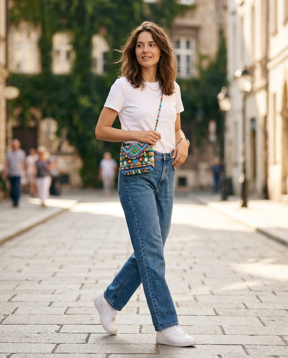 How to wear a beaded bag casually.Woman wearing jeans and a white t-shirt carrying a colourful beaded crossbody bag on a sunny street