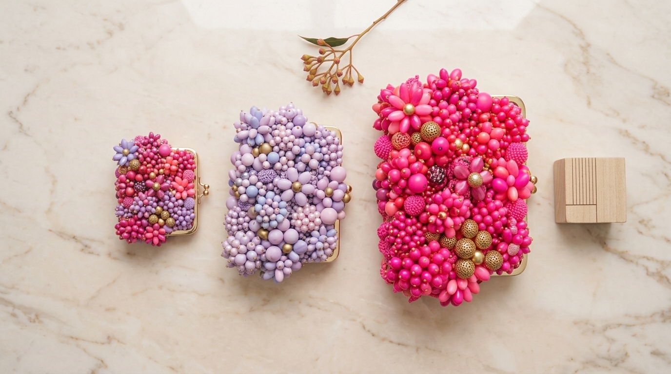 beaded bag buyer guide: Three handmade beaded bags shown side by side in different sizes