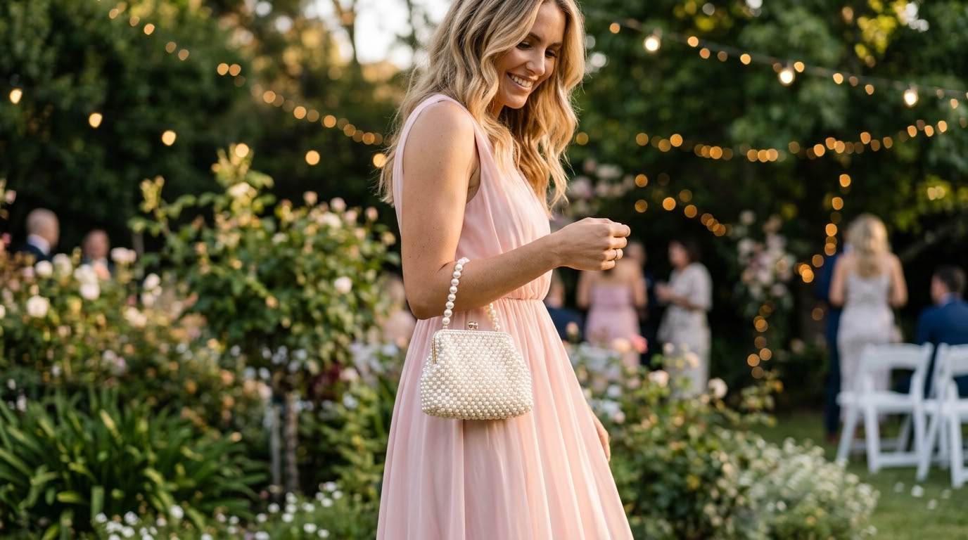 woman in a pastel dress holding a pearl beaded bag for wedding in australia
